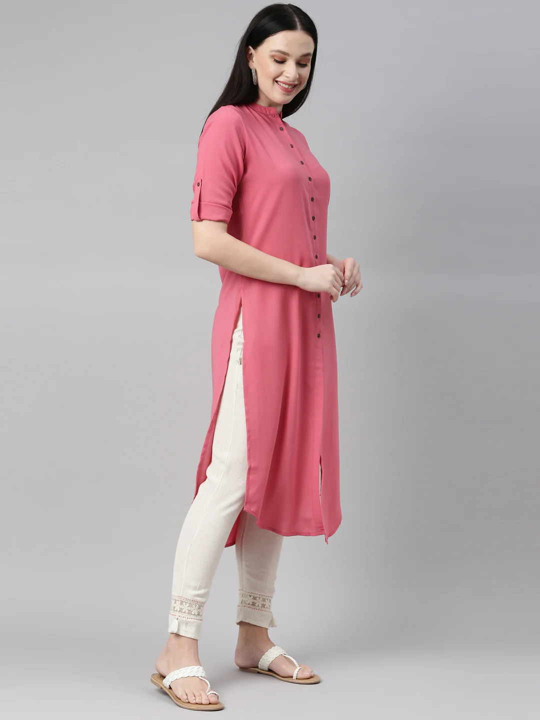 Neerus Peach Color Slub Rayon Fabric Kurta - Image 4