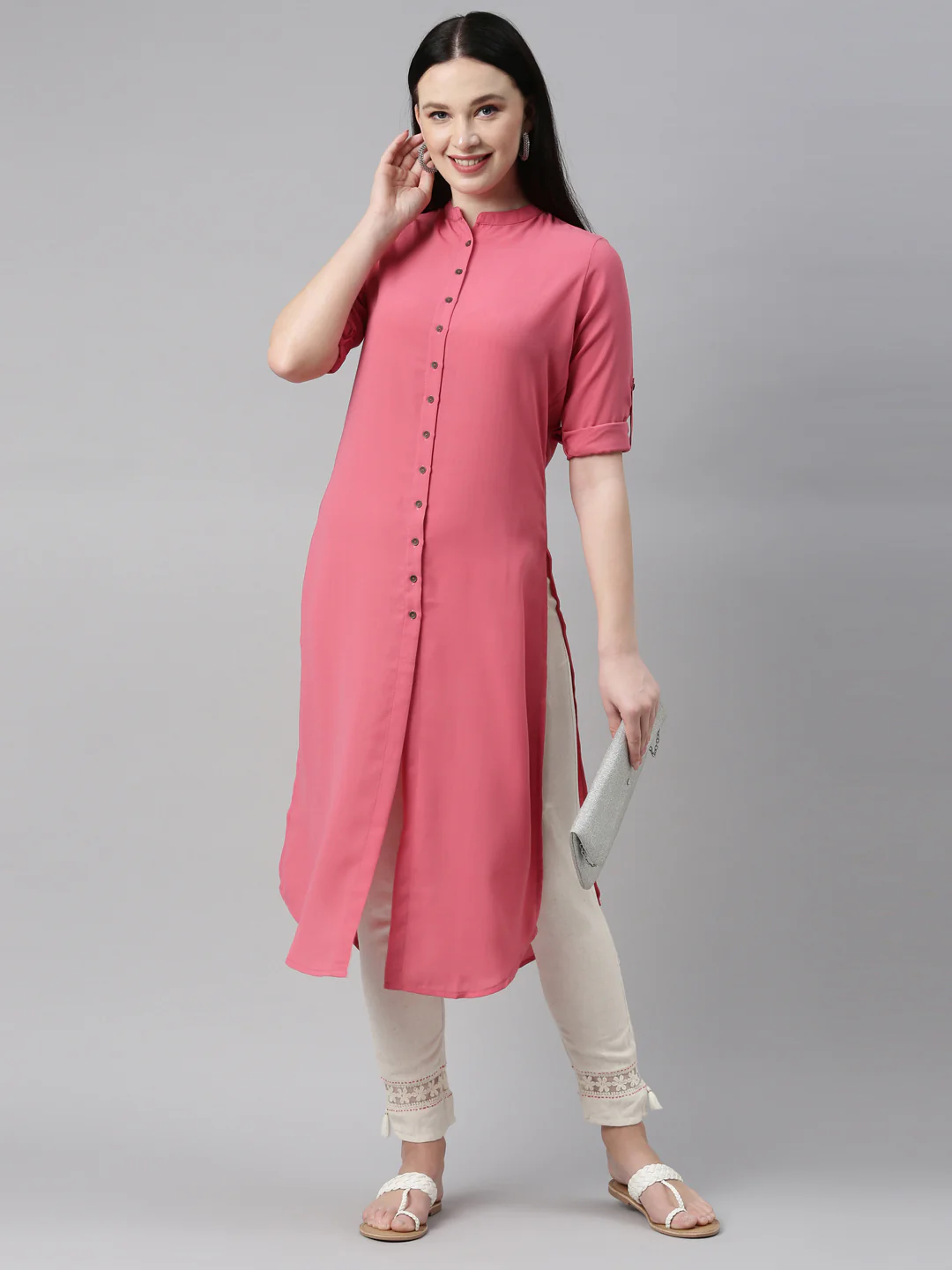 Neerus Peach Color Slub Rayon Fabric Kurta - Image 6