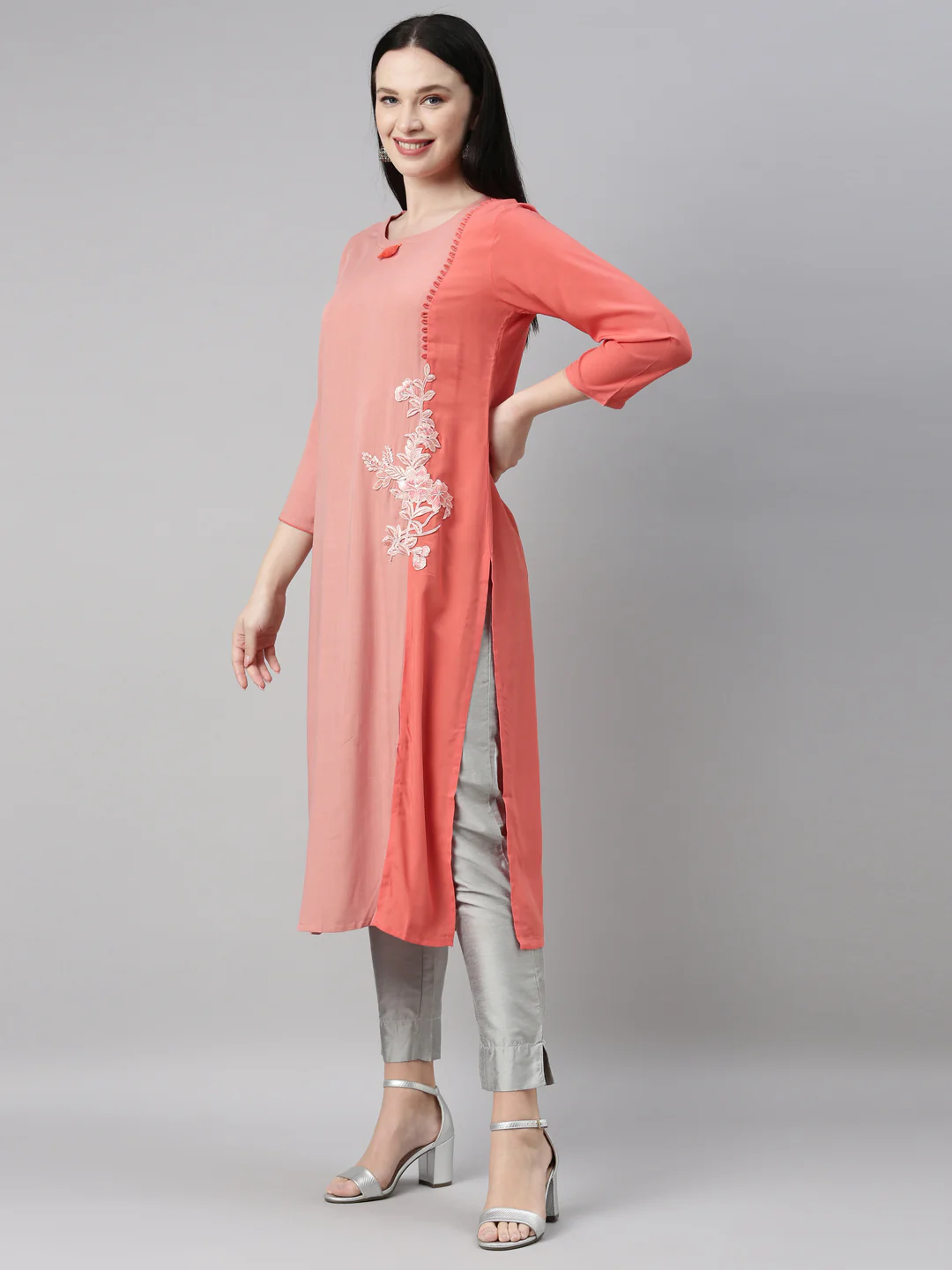 Neerus Peach Color Slub Riyon Fabric Kurta - Image 3
