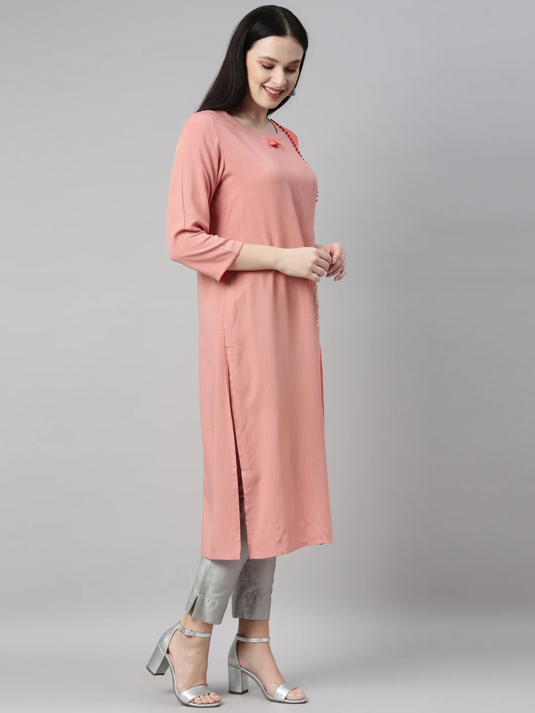 Neerus Peach Color Slub Riyon Fabric Kurta - Image 4