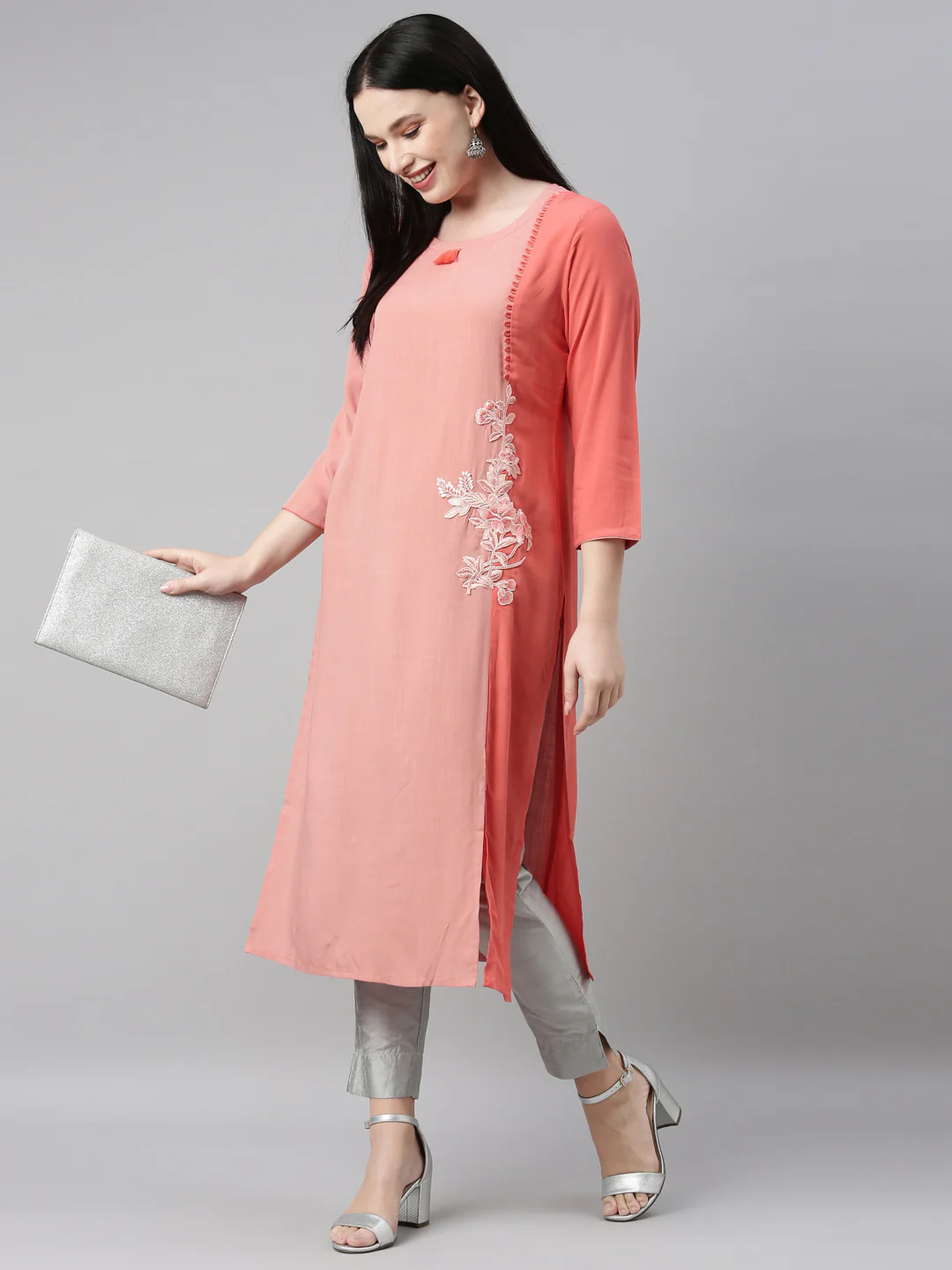 Neerus Peach Color Slub Riyon Fabric Kurta - Image 6