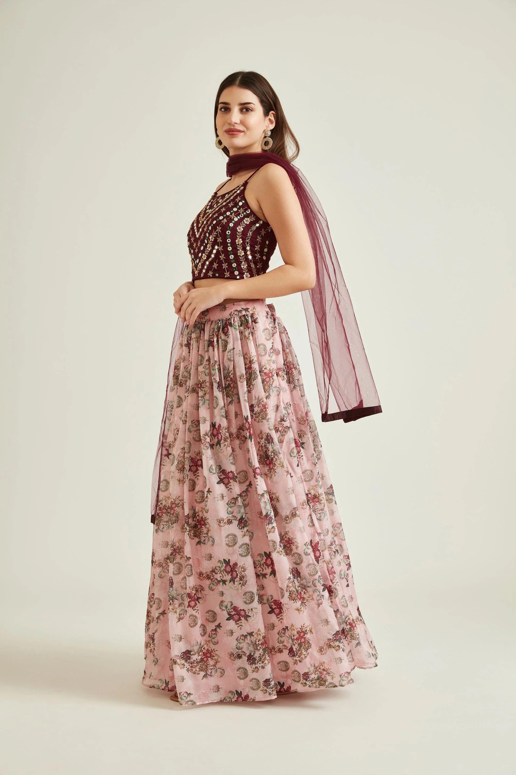 Neerus Peach Colour Crepe Fabric Ghagra Set