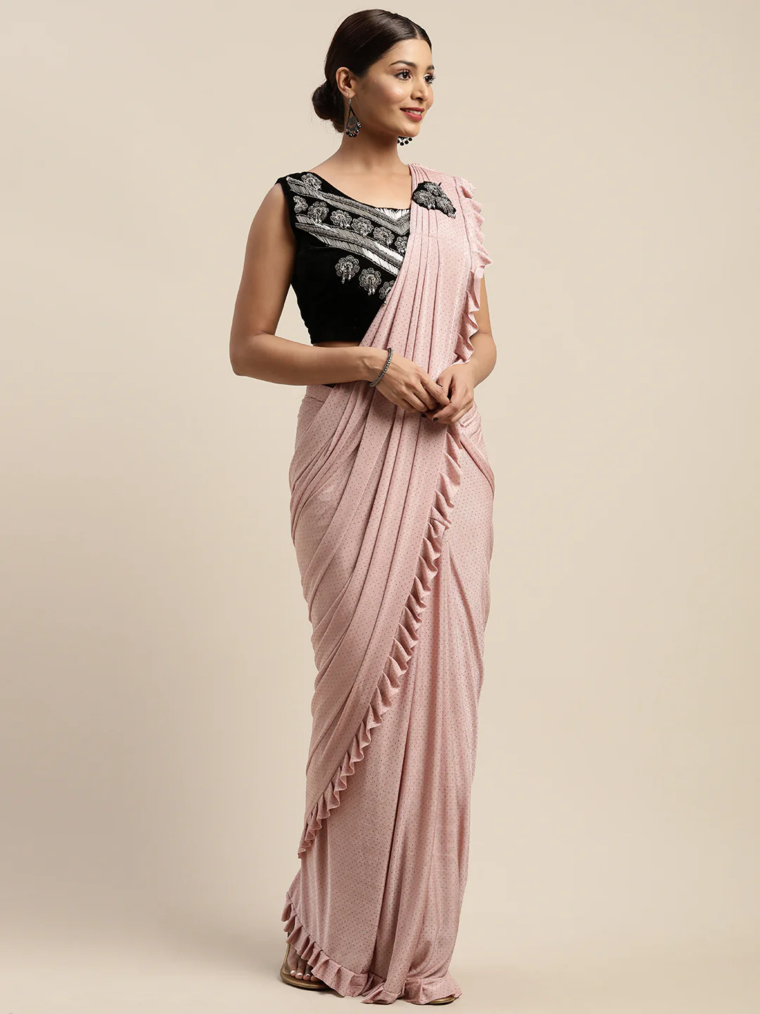 Neerus Peach Embellished Ready To Wear Saree With Blouse - Image 8