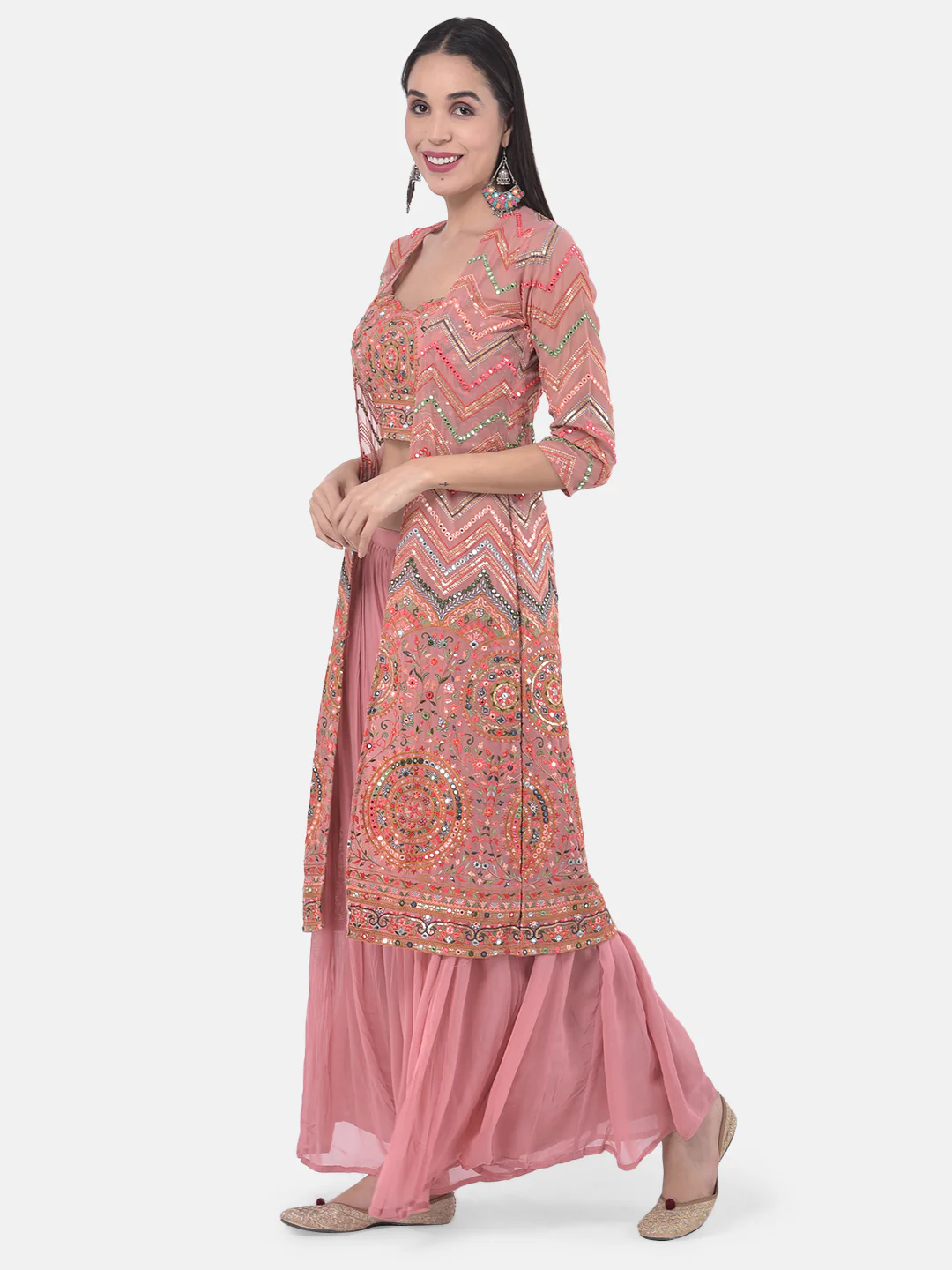 Neerus Peach Embellished Top & Palazzo Set With Shrug - Image 2