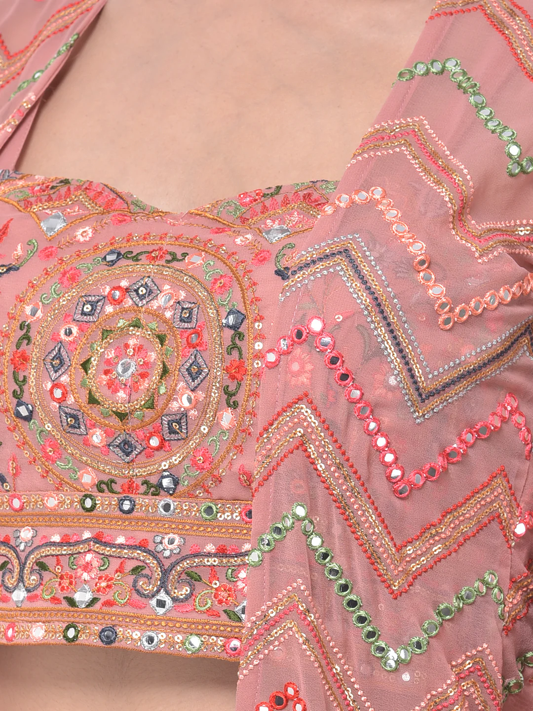Neerus Peach Embellished Top & Palazzo Set With Shrug - Image 4
