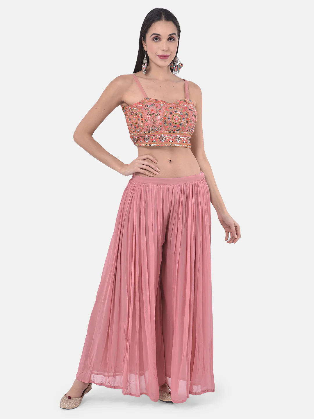 Neerus Peach Embellished Top & Palazzo Set With Shrug - Image 6