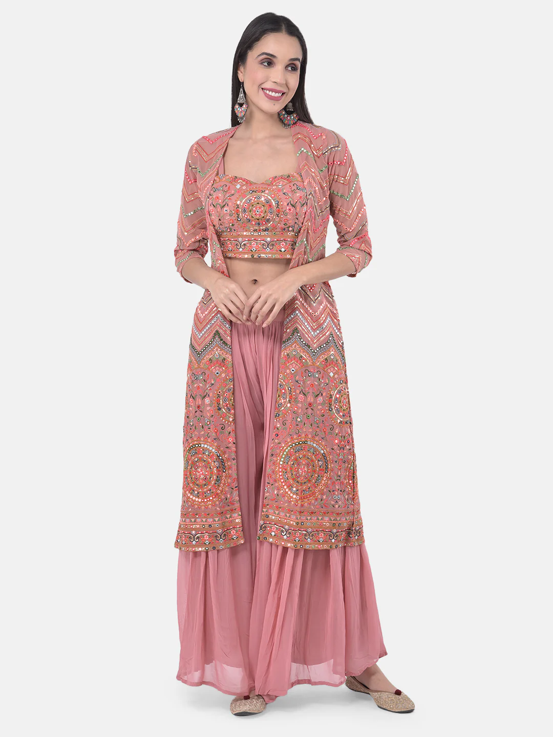 Neerus Peach Embellished Top & Palazzo Set With Shrug - Image 7