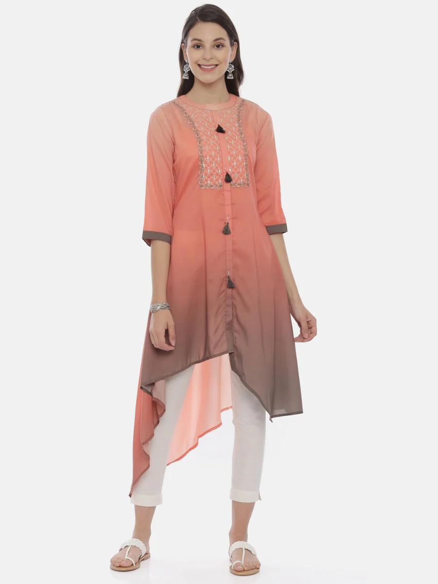 Neerus Peach Embroidered High Low Kurta