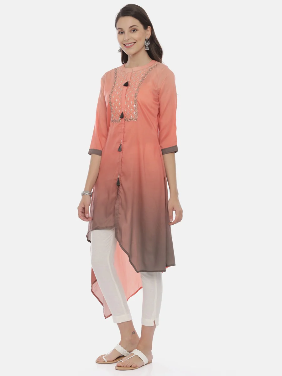 Neerus Peach Embroidered High Low Kurta - Image 3
