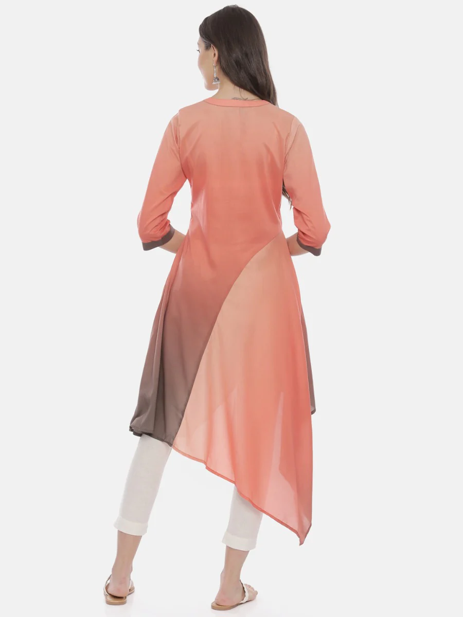 Neerus Peach Embroidered High Low Kurta - Image 5
