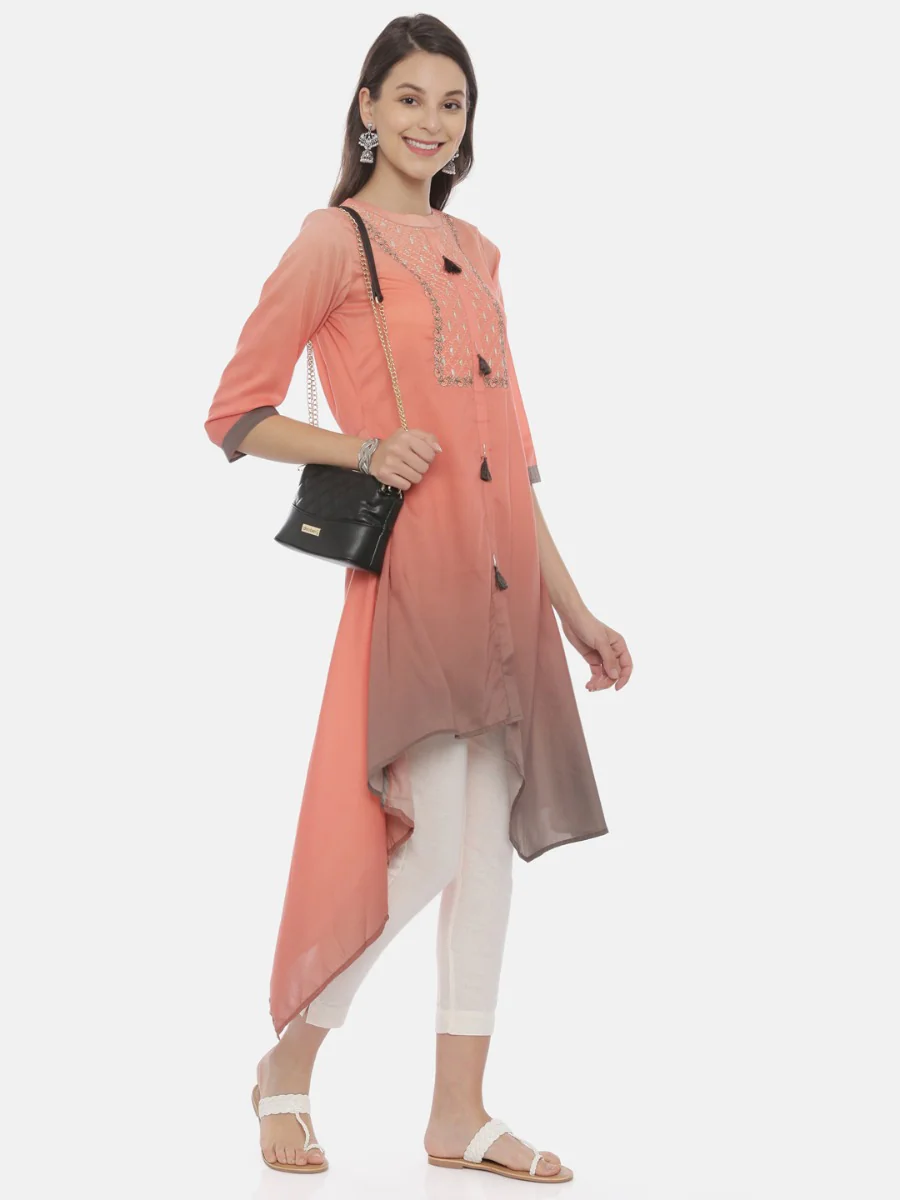 Neerus Peach Embroidered High Low Kurta - Image 6