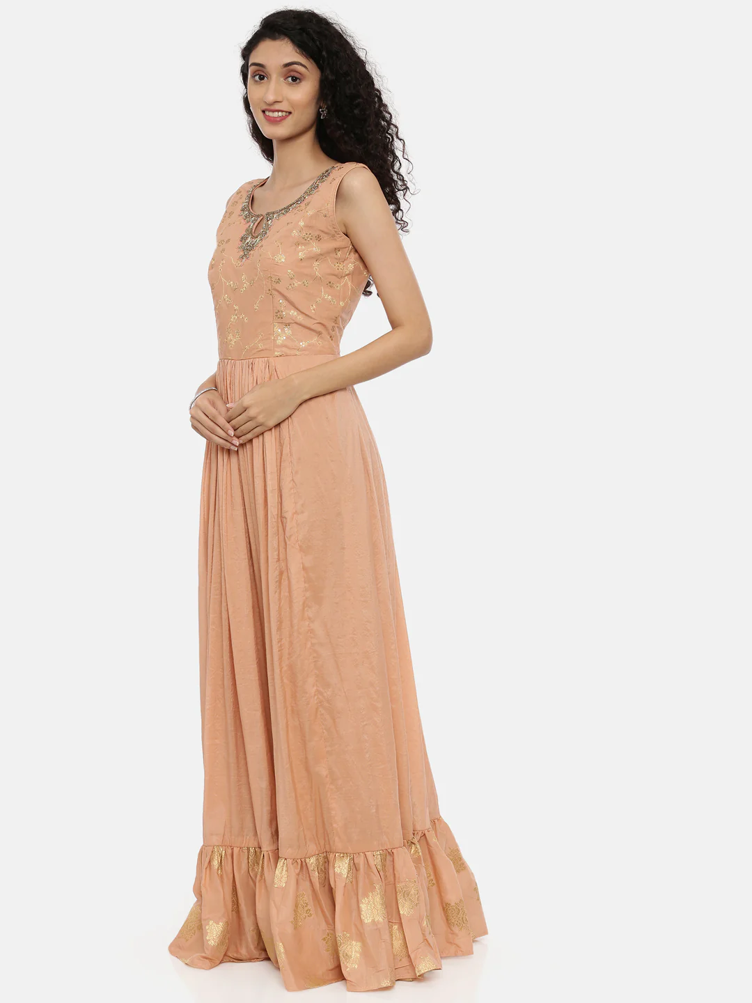 Neerus Peach Embroidered Kurta With Churidar & Dupatta - Image 3