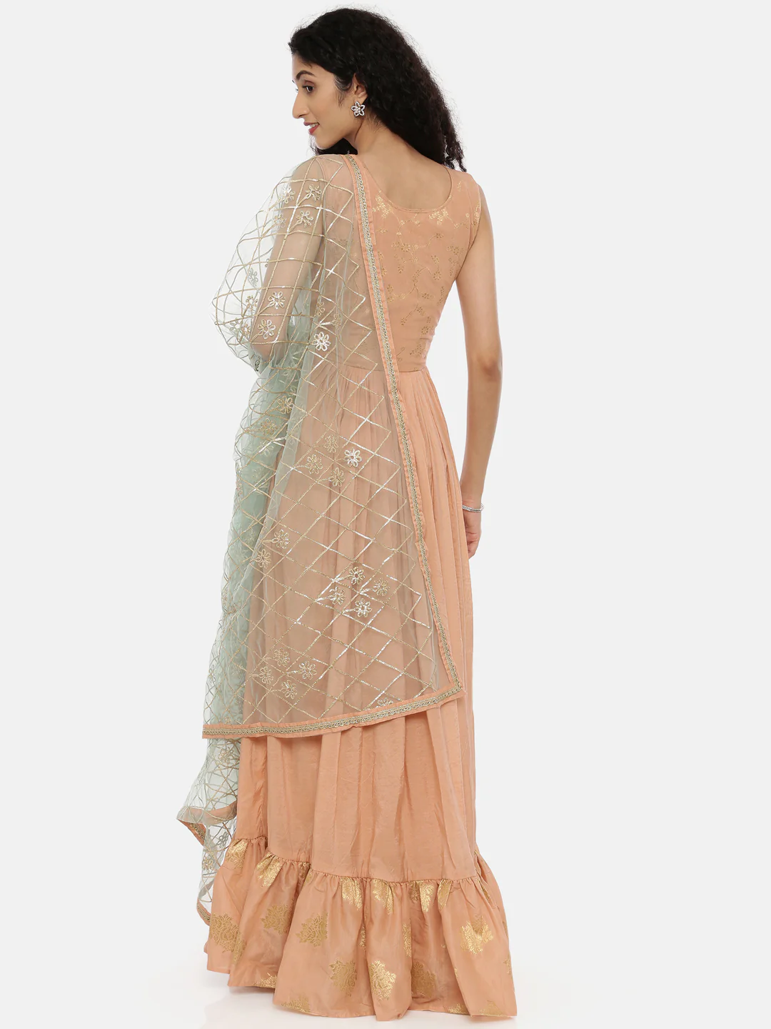 Neerus Peach Embroidered Kurta With Churidar & Dupatta - Image 4