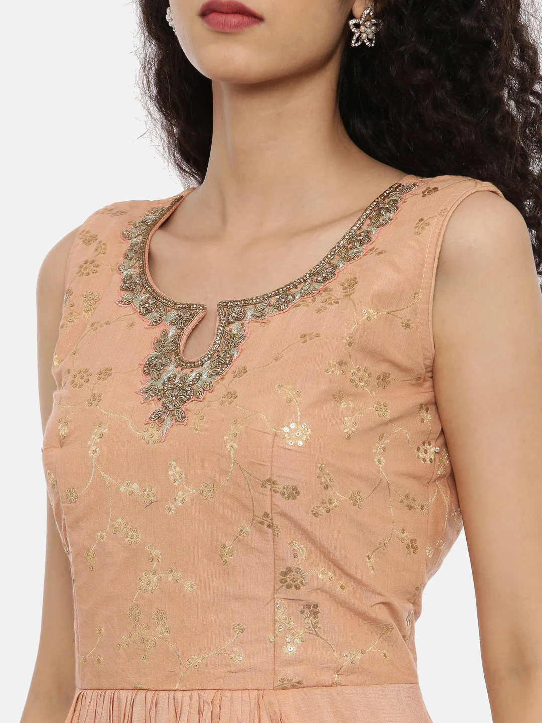 Neerus Peach Embroidered Kurta With Churidar & Dupatta - Image 5
