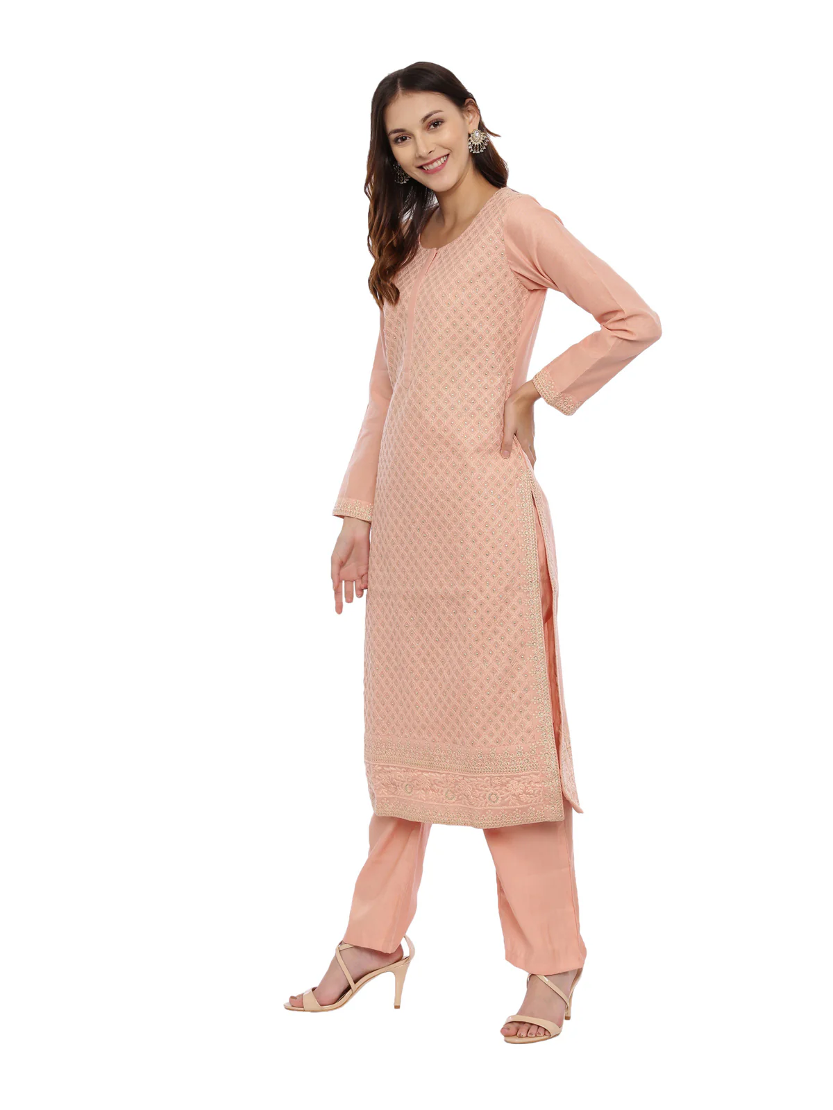 Neerus Peach Embroidered Kurta With Palazzo & Dupatta - Image 5