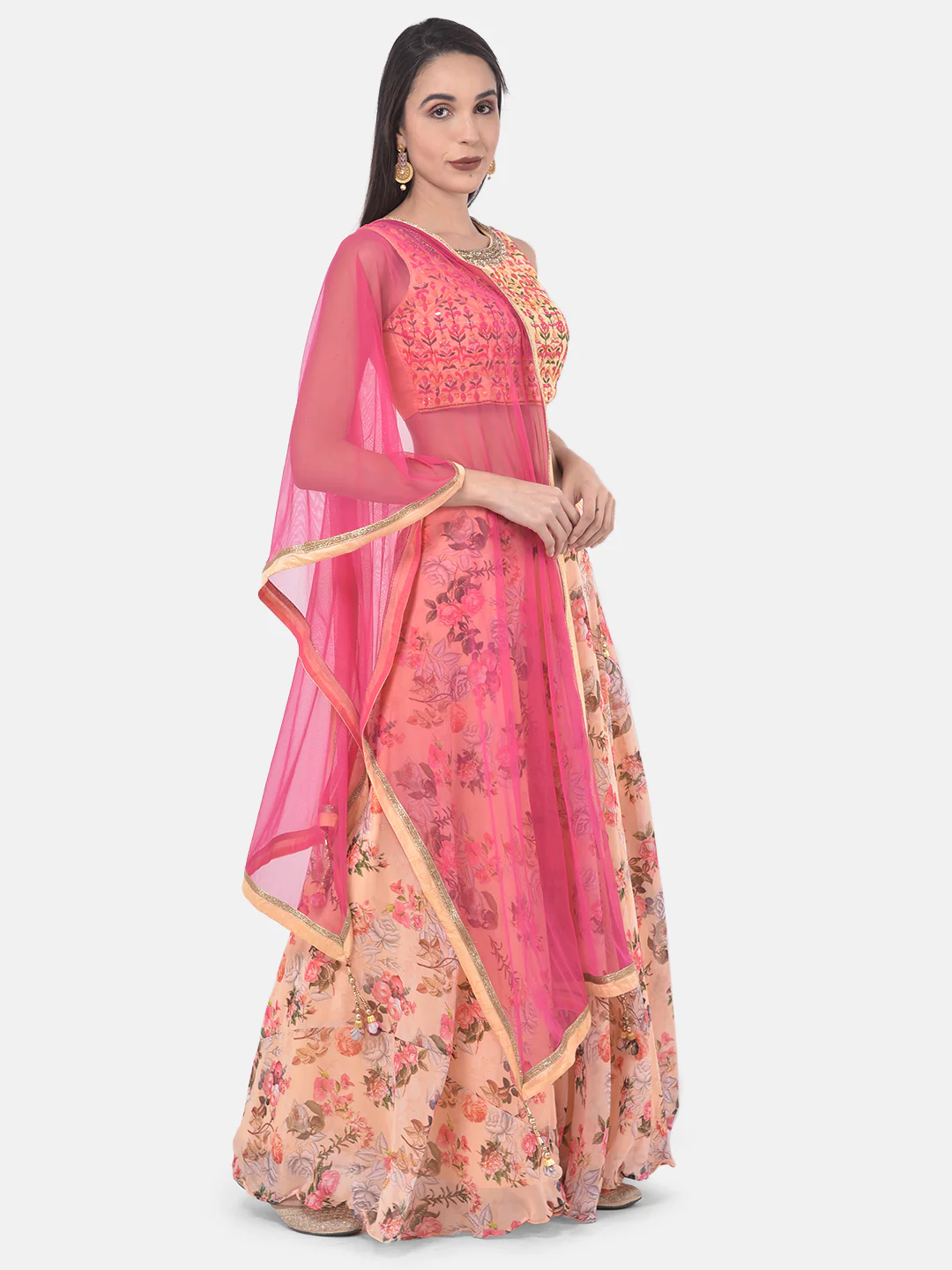 Neerus Peach Embroidered Lehenga Set