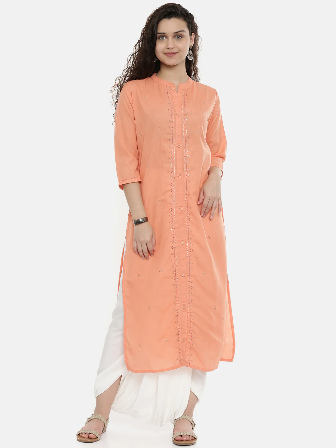 Neerus Peach Embroidered Straight Kurta