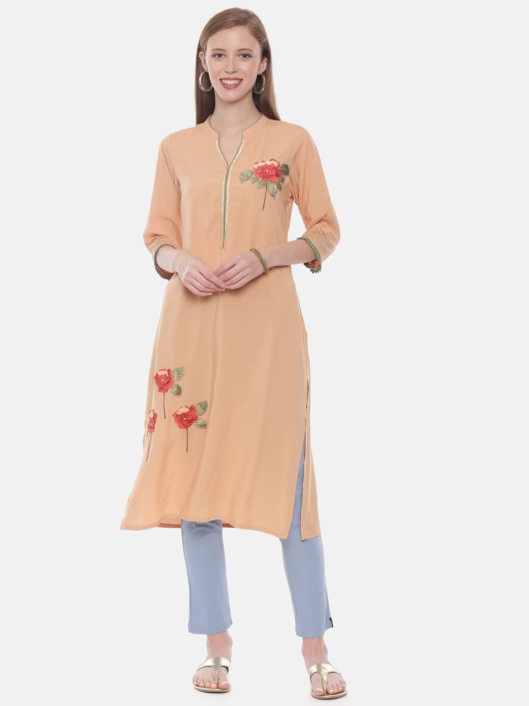 Neerus Peach Embroidered Straight Kurta