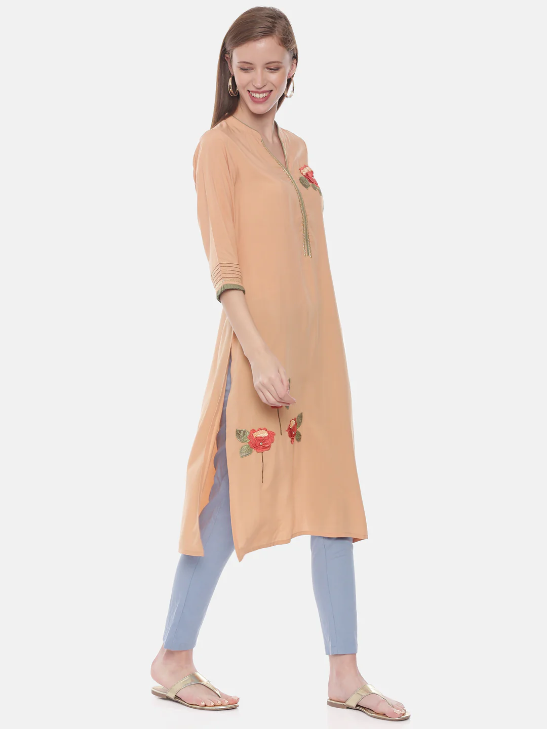 Neerus Peach Embroidered Straight Kurta - Image 4