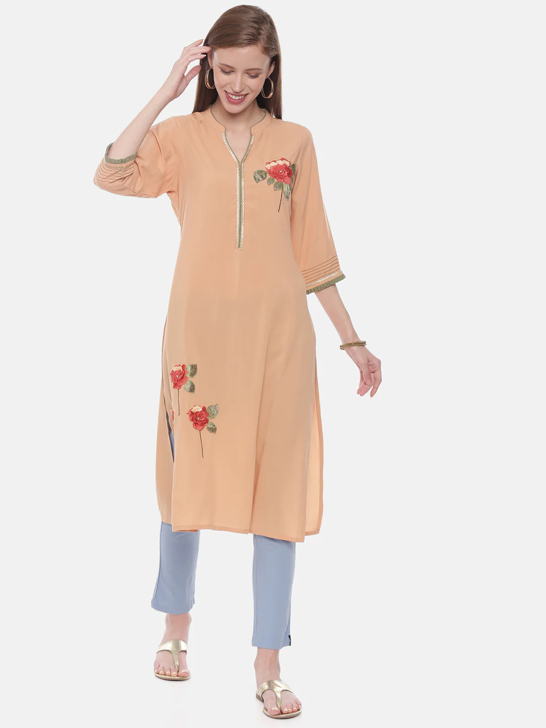 Neerus Peach Embroidered Straight Kurta - Image 6