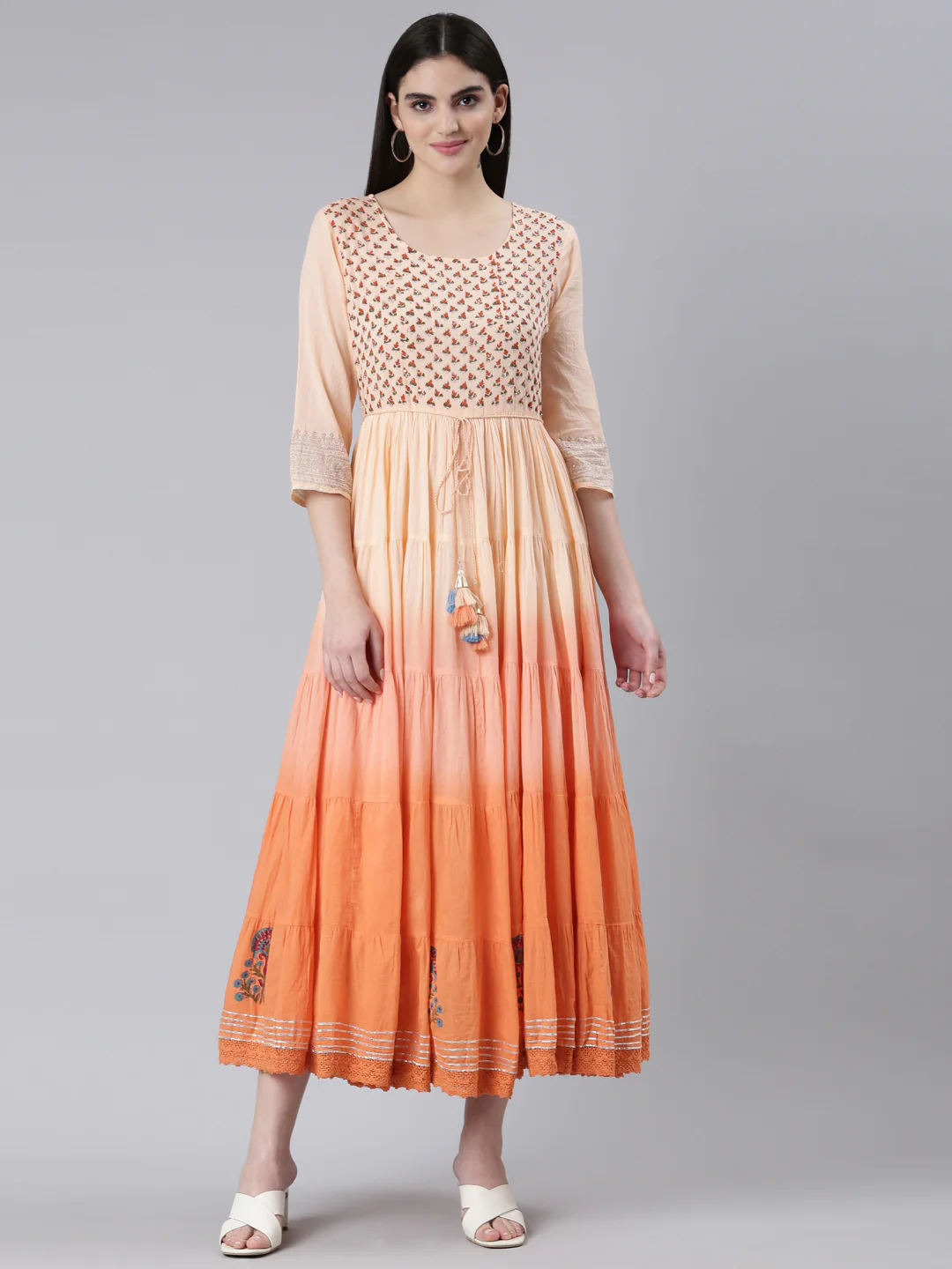 Neerus Peach Flared Casual Printed Dress