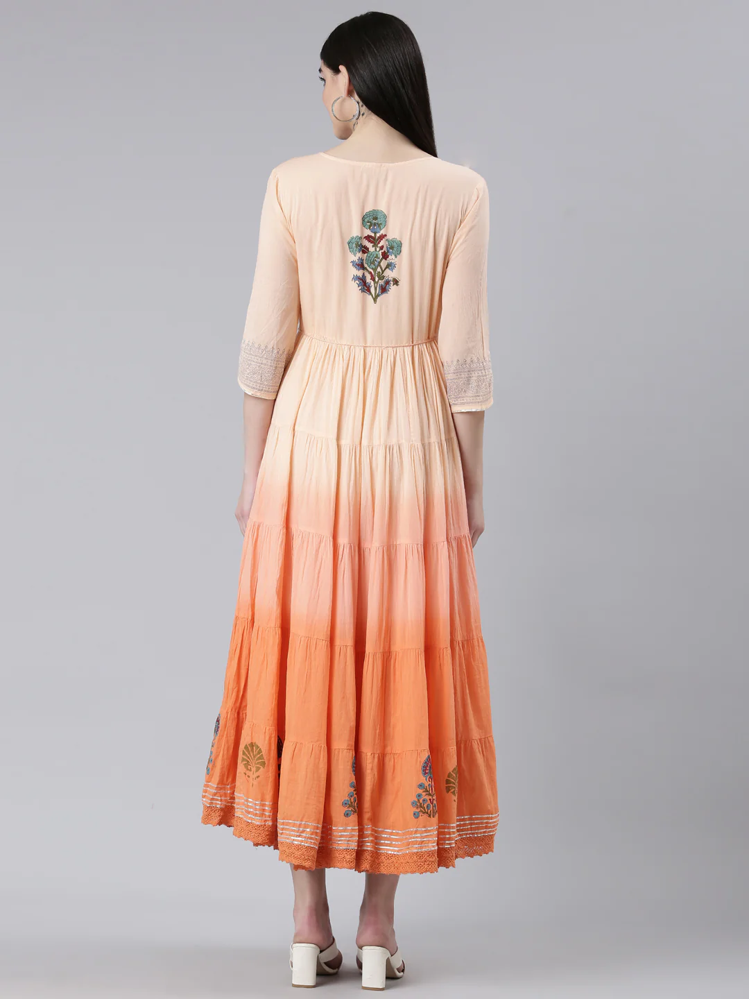 Neerus Peach Flared Casual Printed Dress - Image 3