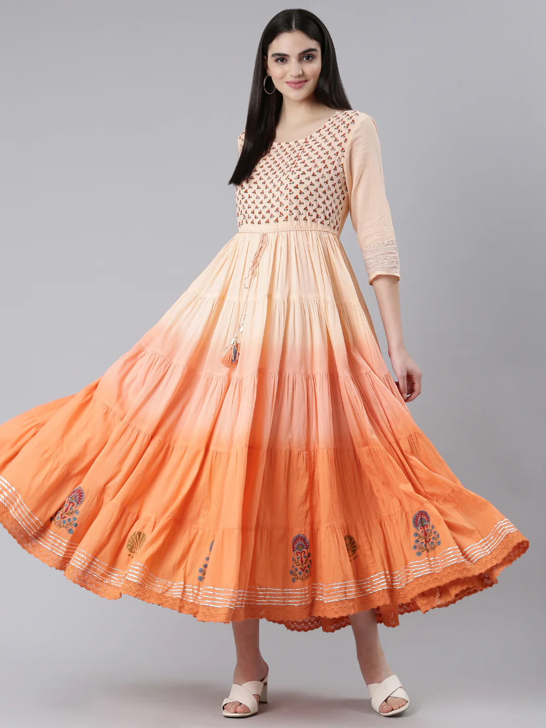 Neerus Peach Flared Casual Printed Dress - Image 5