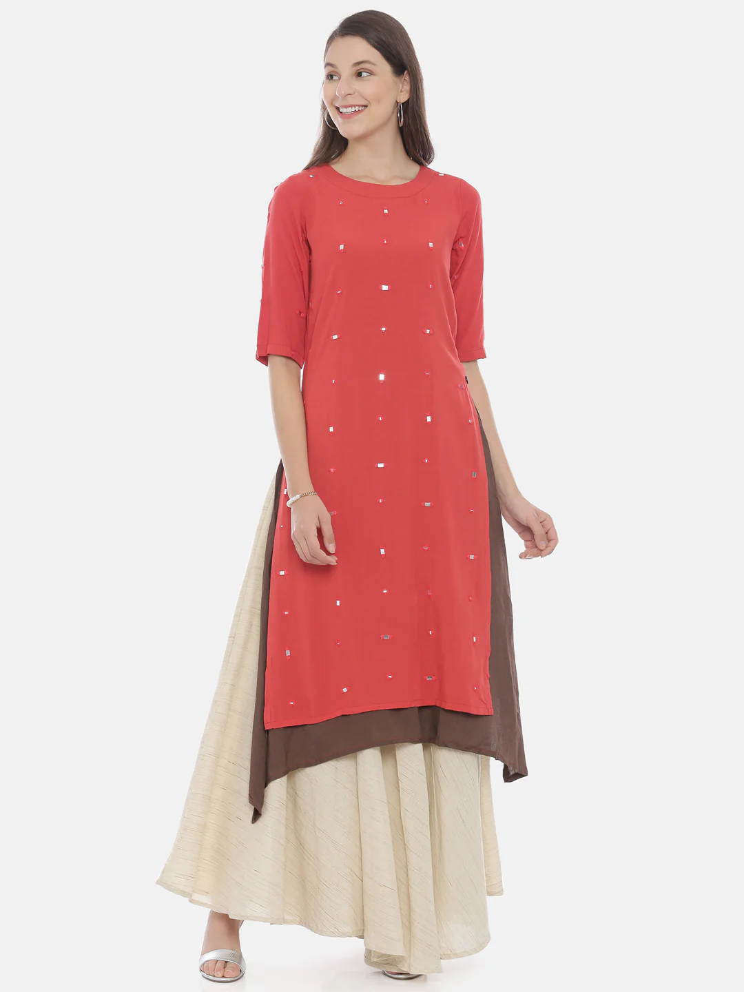 Neerus Peach & Grey Embellished Kurta Skirt Set