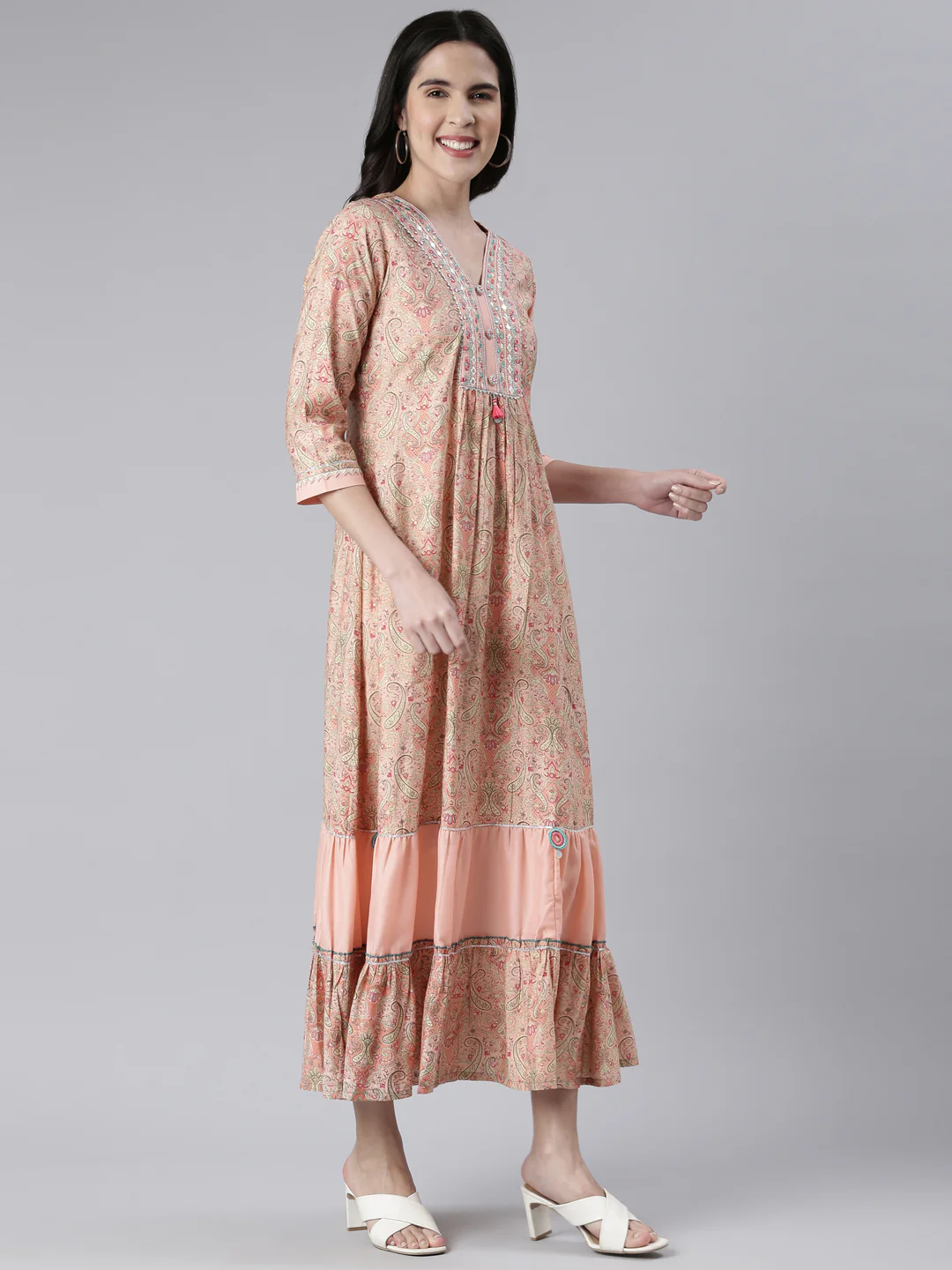 Neerus Peach Maxi Casual Printed Dresses - Image 2