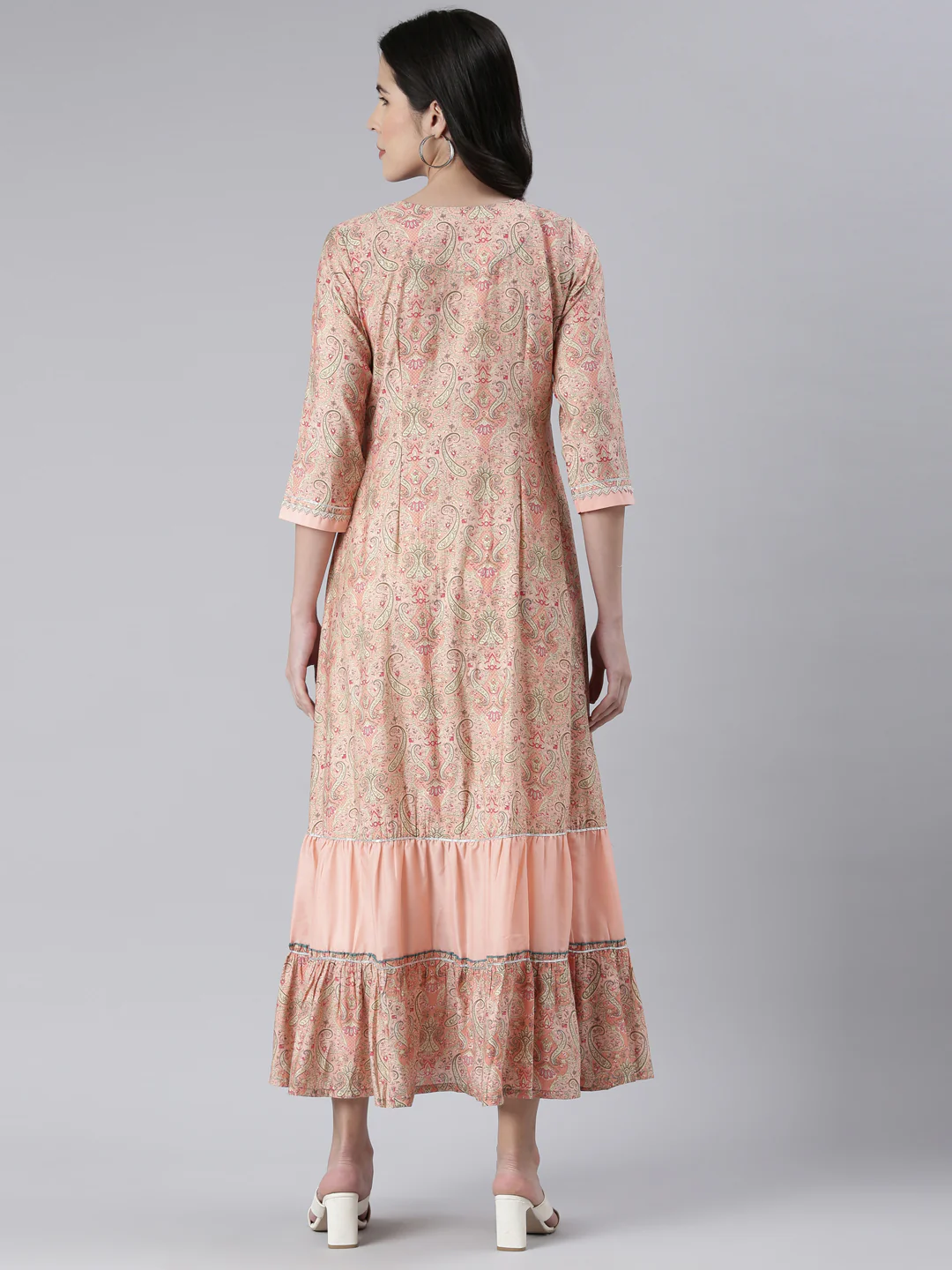 Neerus Peach Maxi Casual Printed Dresses - Image 3
