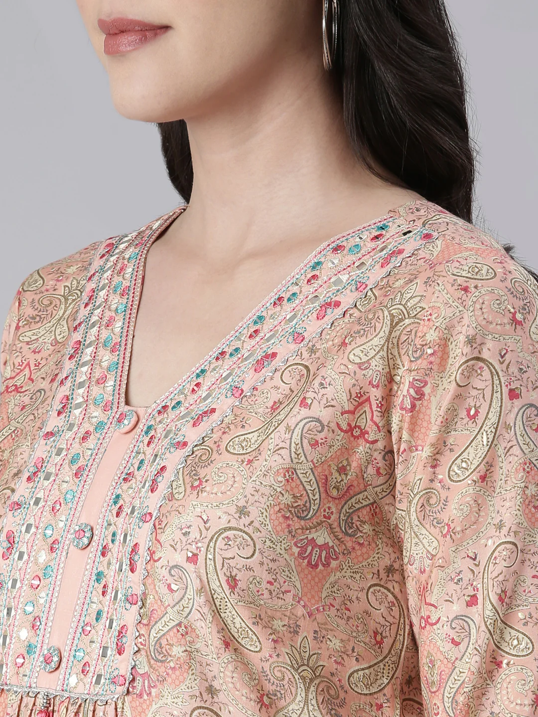 Neerus Peach Maxi Casual Printed Dresses - Image 4
