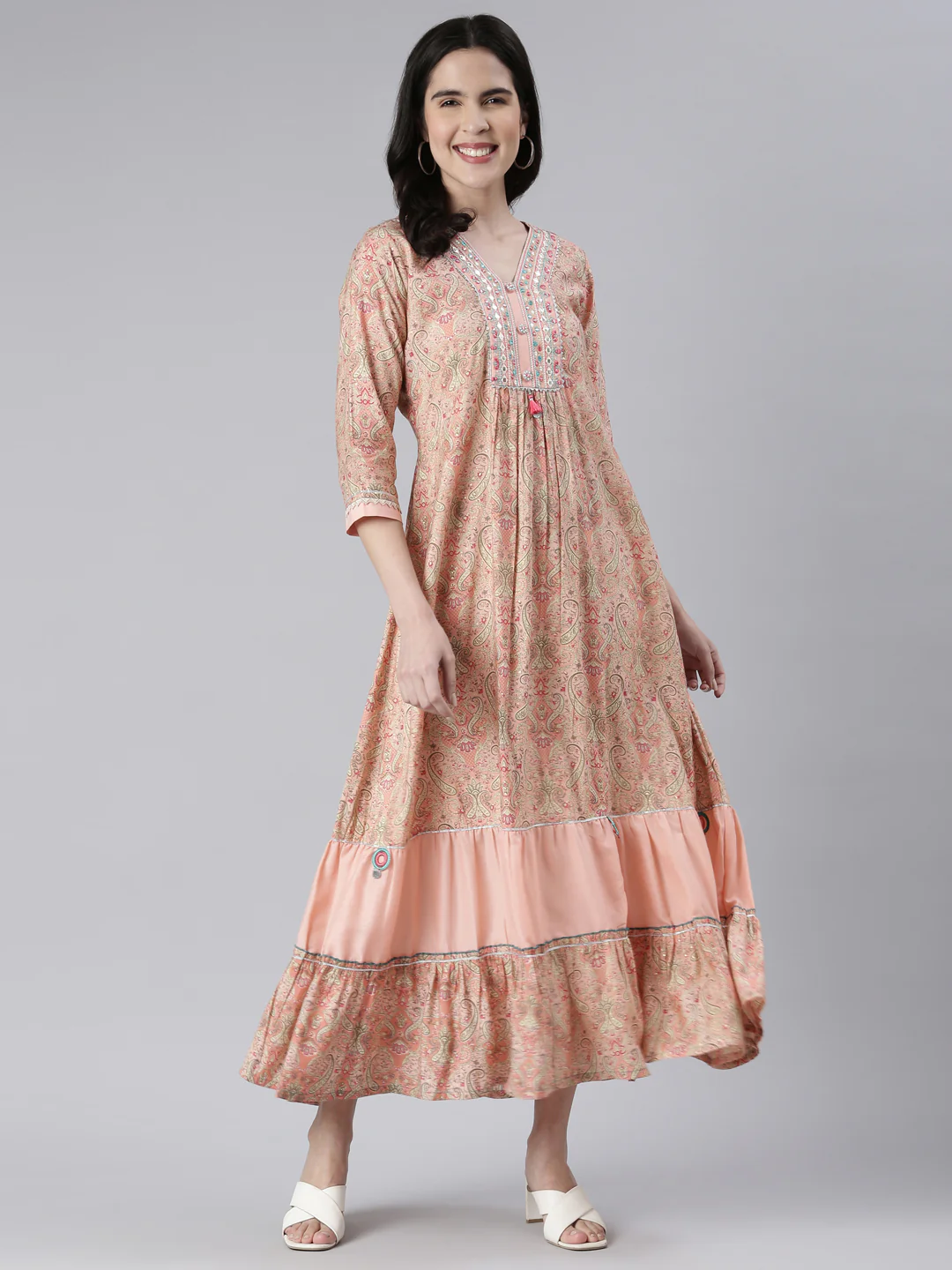 Neerus Peach Maxi Casual Printed Dresses - Image 5