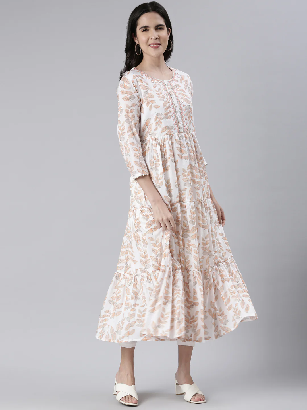 Neerus Peach Maxi Casual Printed Dresses - Image 2