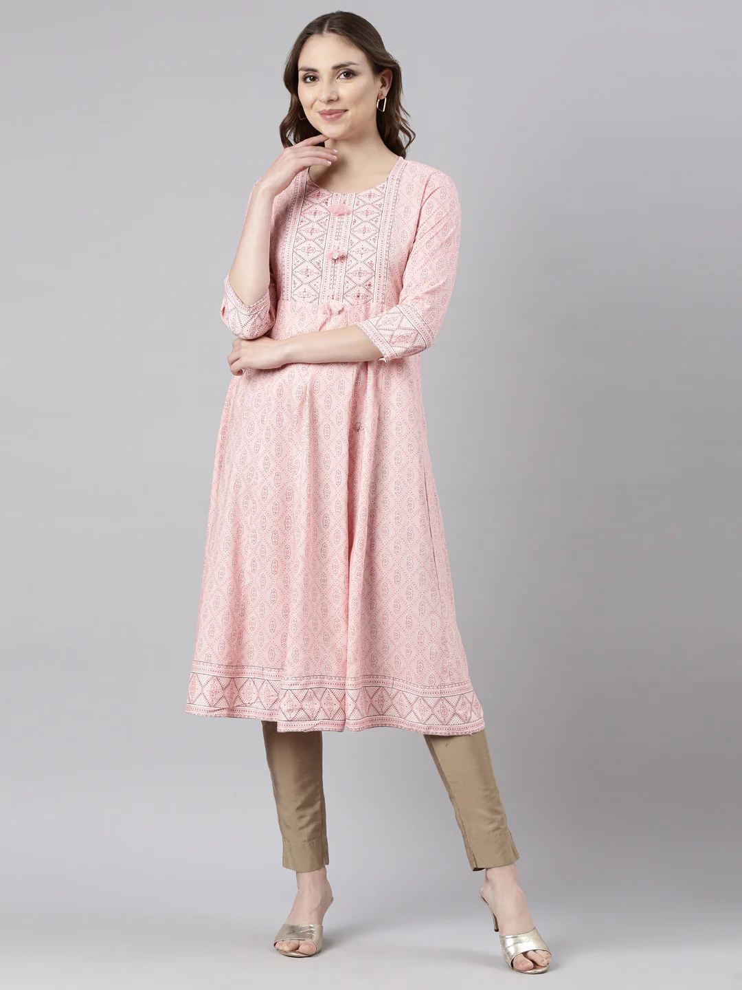 Neerus Peach Panelled Anarkali Floral Kurta