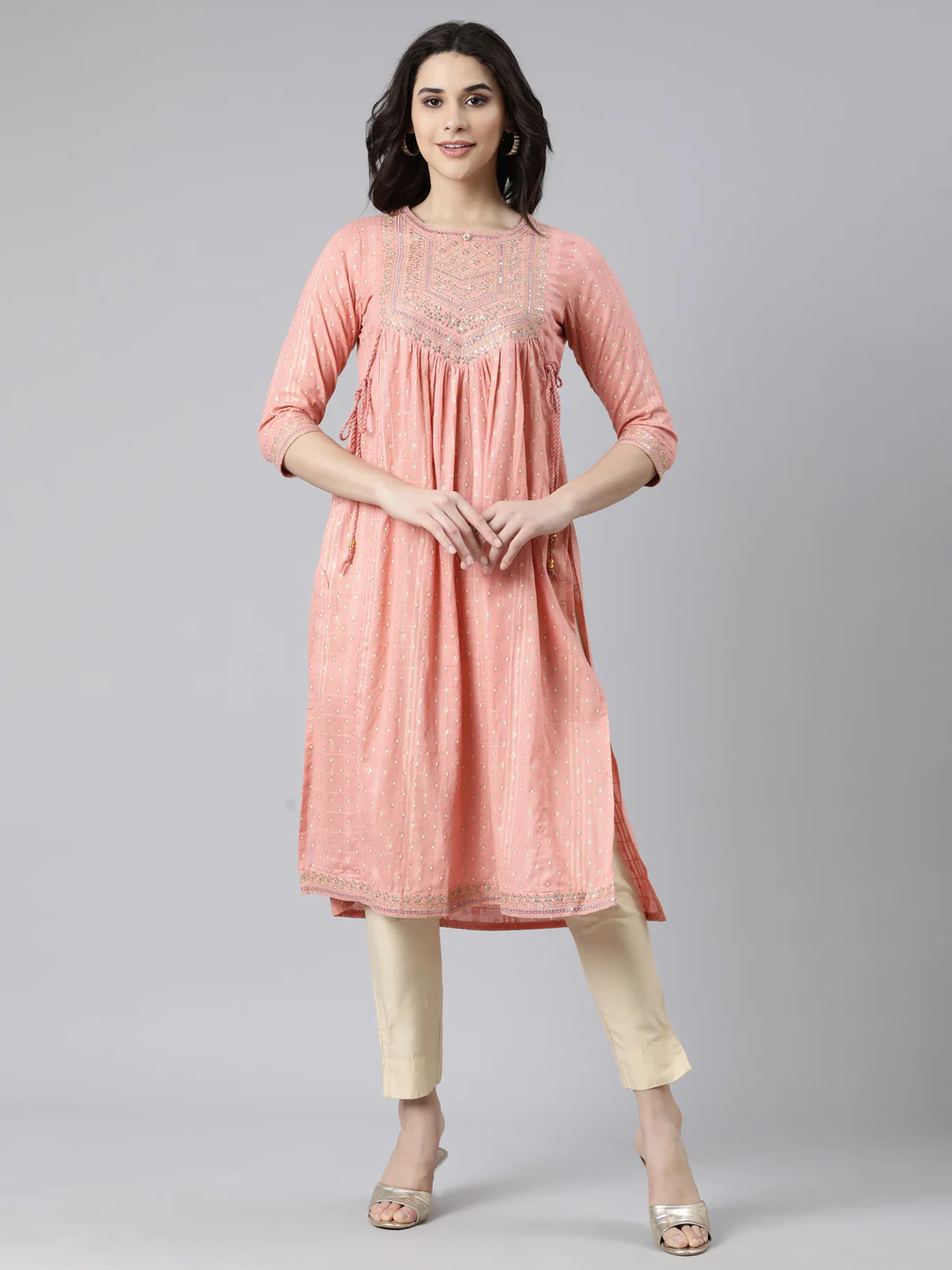 Neerus Peach Pleated Straight Bandhani Kurta