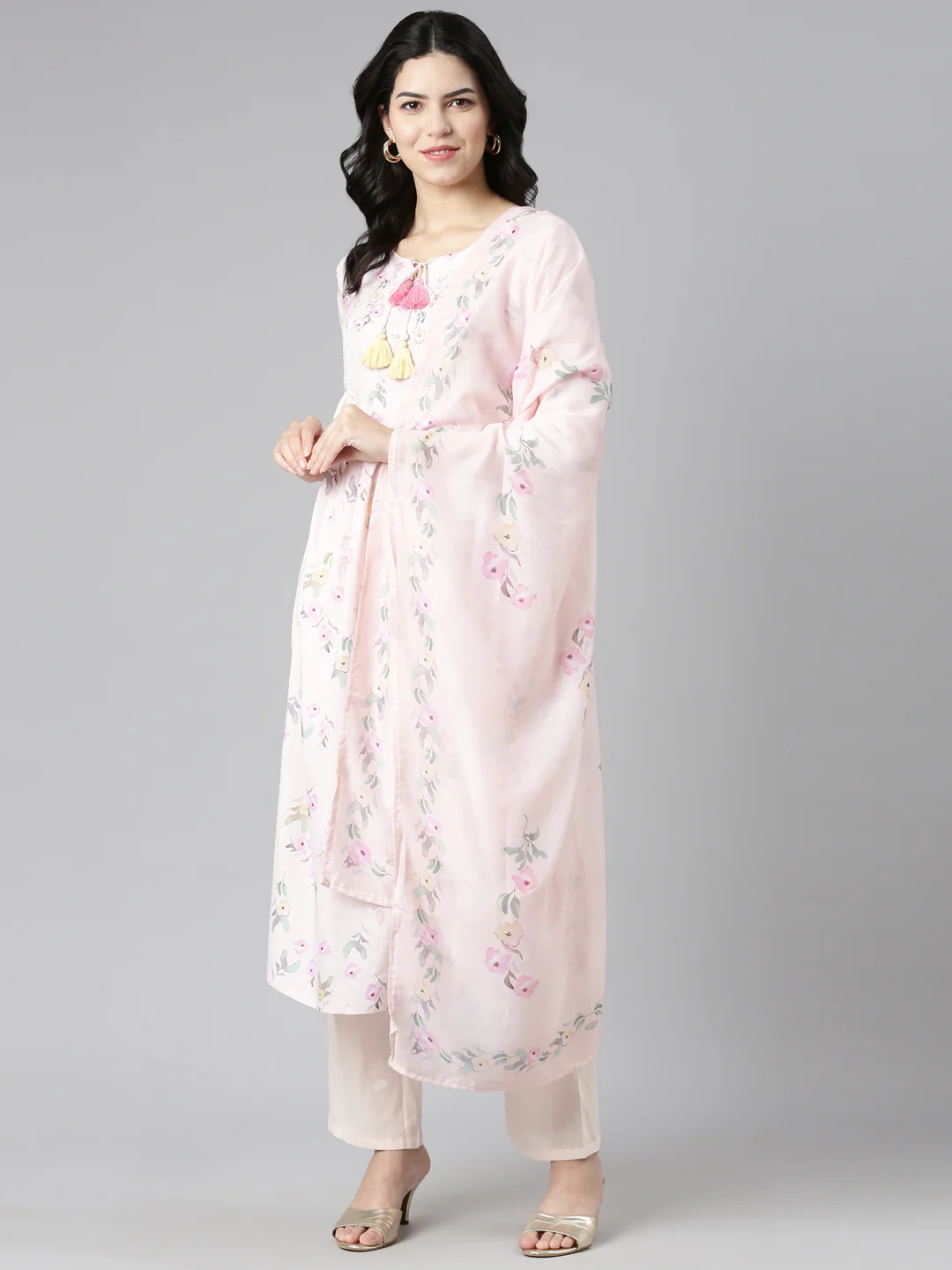 Neerus Peach Pleated Straight Printed Kurta And Trousers With Dupatta - Image 5