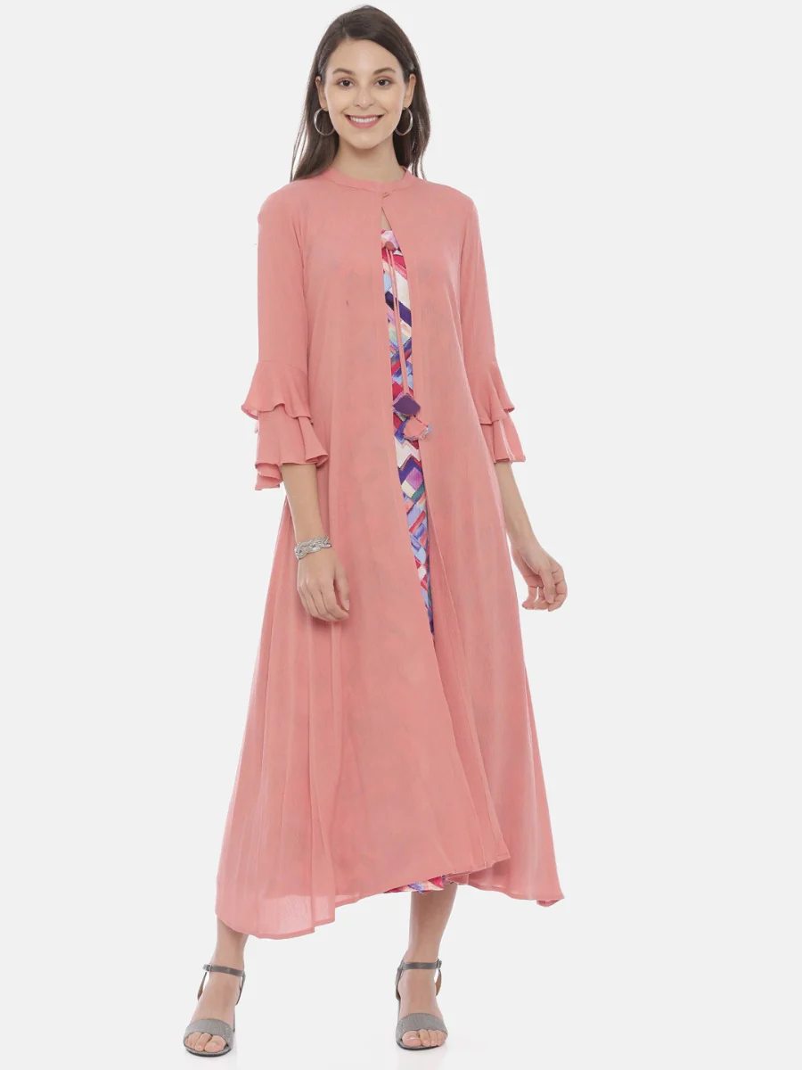 Neerus Peach Printed A Line Kurta