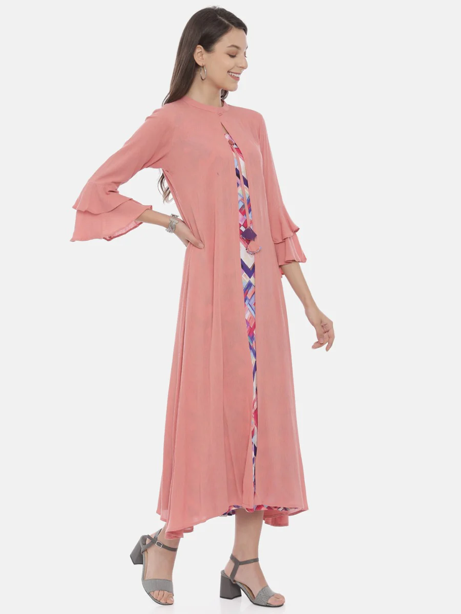 Neerus Peach Printed A Line Kurta - Image 6
