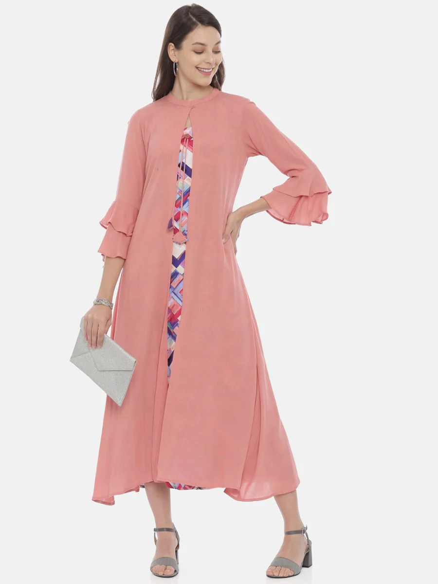 Neerus Peach Printed A Line Kurta - Image 8