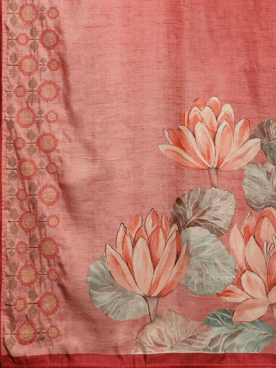 Neerus Peach Printed Saree With Blouse - Image 4