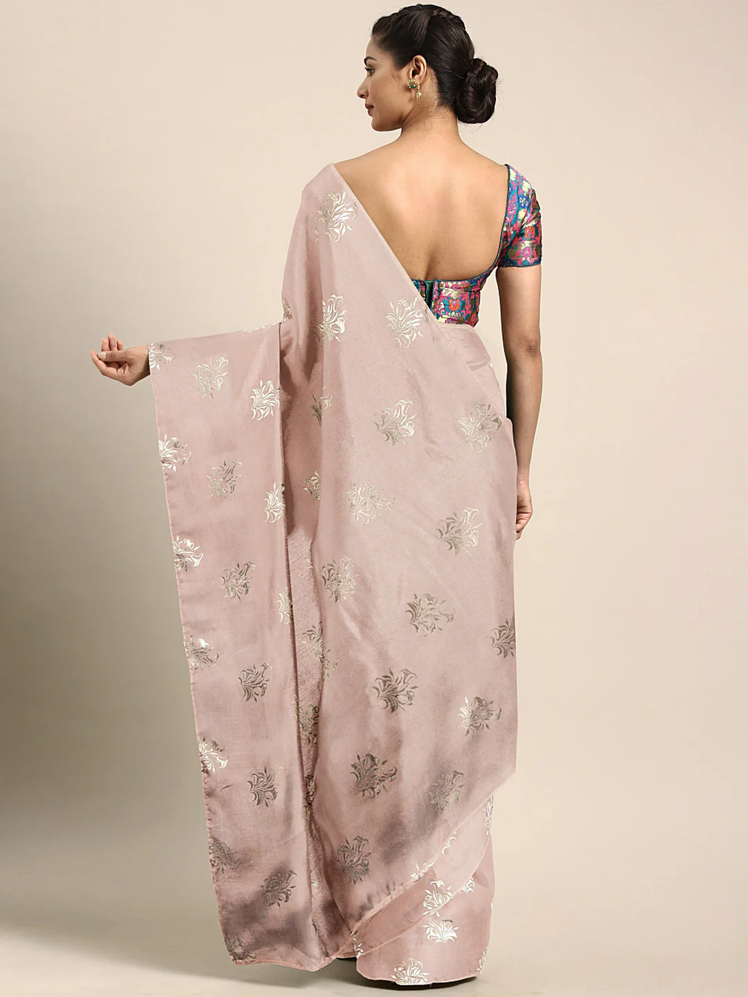 Neerus Peach Printed Saree With Blouse - Image 2