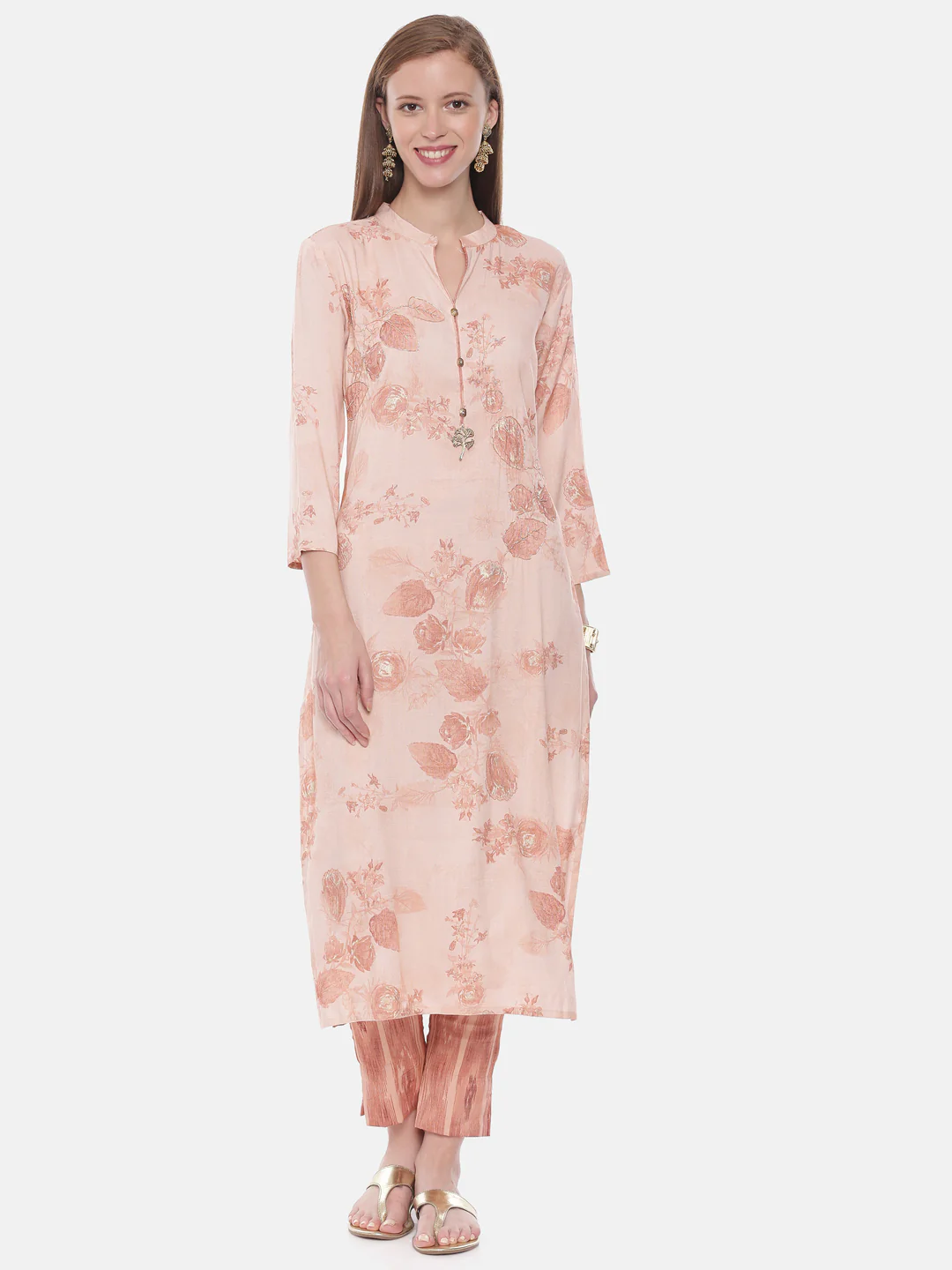 Neerus Peach Printed Straight Kurta