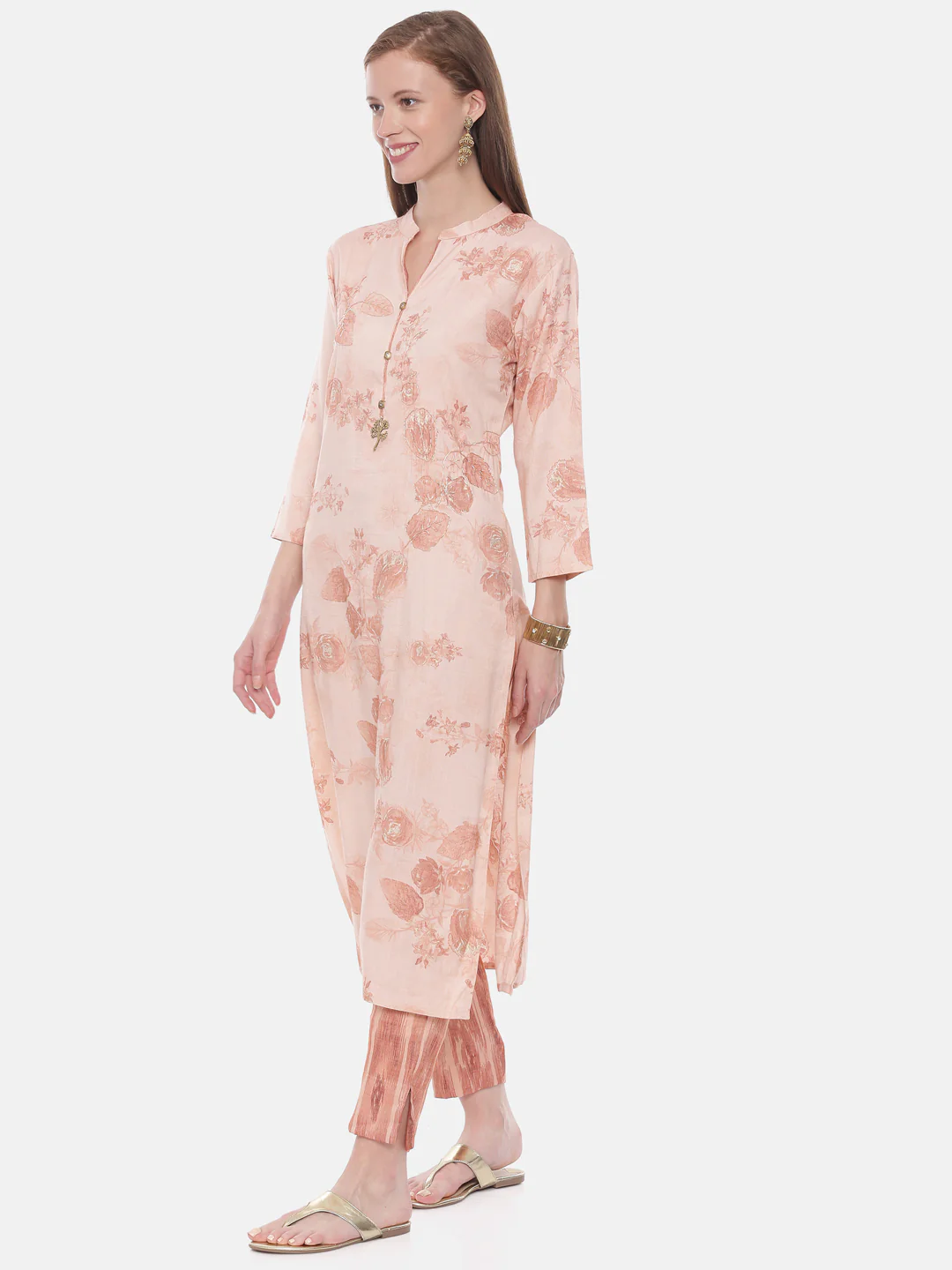 Neerus Peach Printed Straight Kurta - Image 3