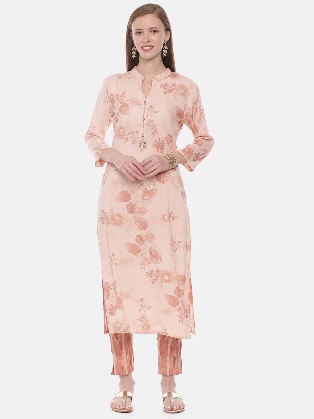 Neerus Peach Printed Straight Kurta - Image 6