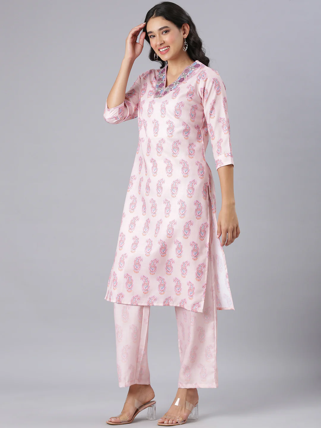 Neerus Peach Printed Straight Kurta And Trousers With Dupatta - Image 2