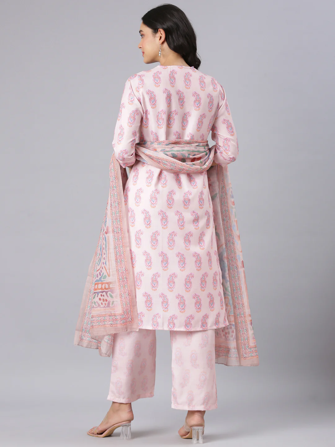 Neerus Peach Printed Straight Kurta And Trousers With Dupatta - Image 3