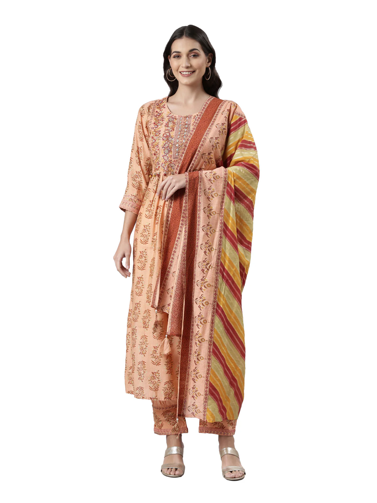 Neerus Peach Regular Calf Length Printed Kurta Solid Trousers With Dupatta