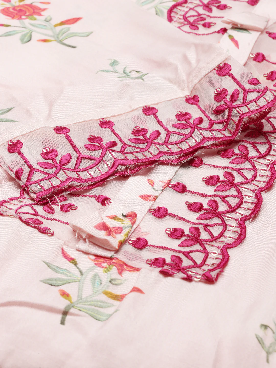 Neerus Peach Regular Knee Length Printed Kurta Embroidered Palazzos With Dupatta - Image 5