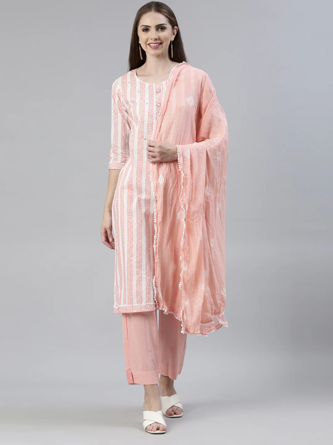 Neerus Peach Regular Knee Length Solid Kurta Solid Trousers With Dupatta