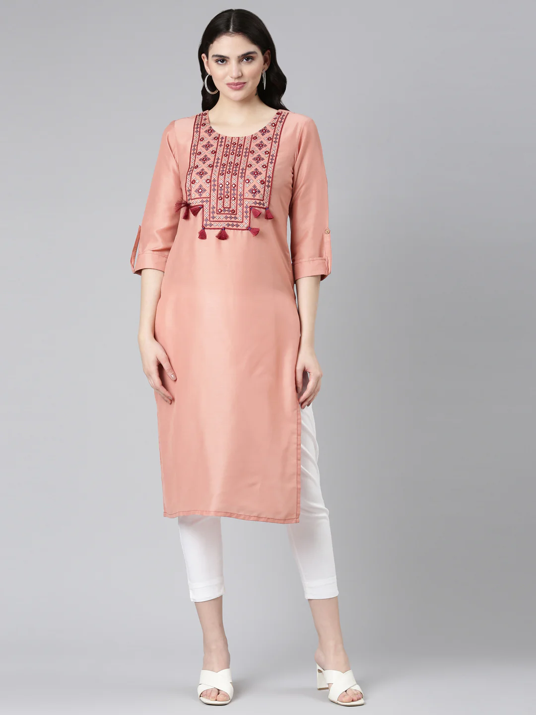 Neerus Peach Regular Straight Embroidered Kurta